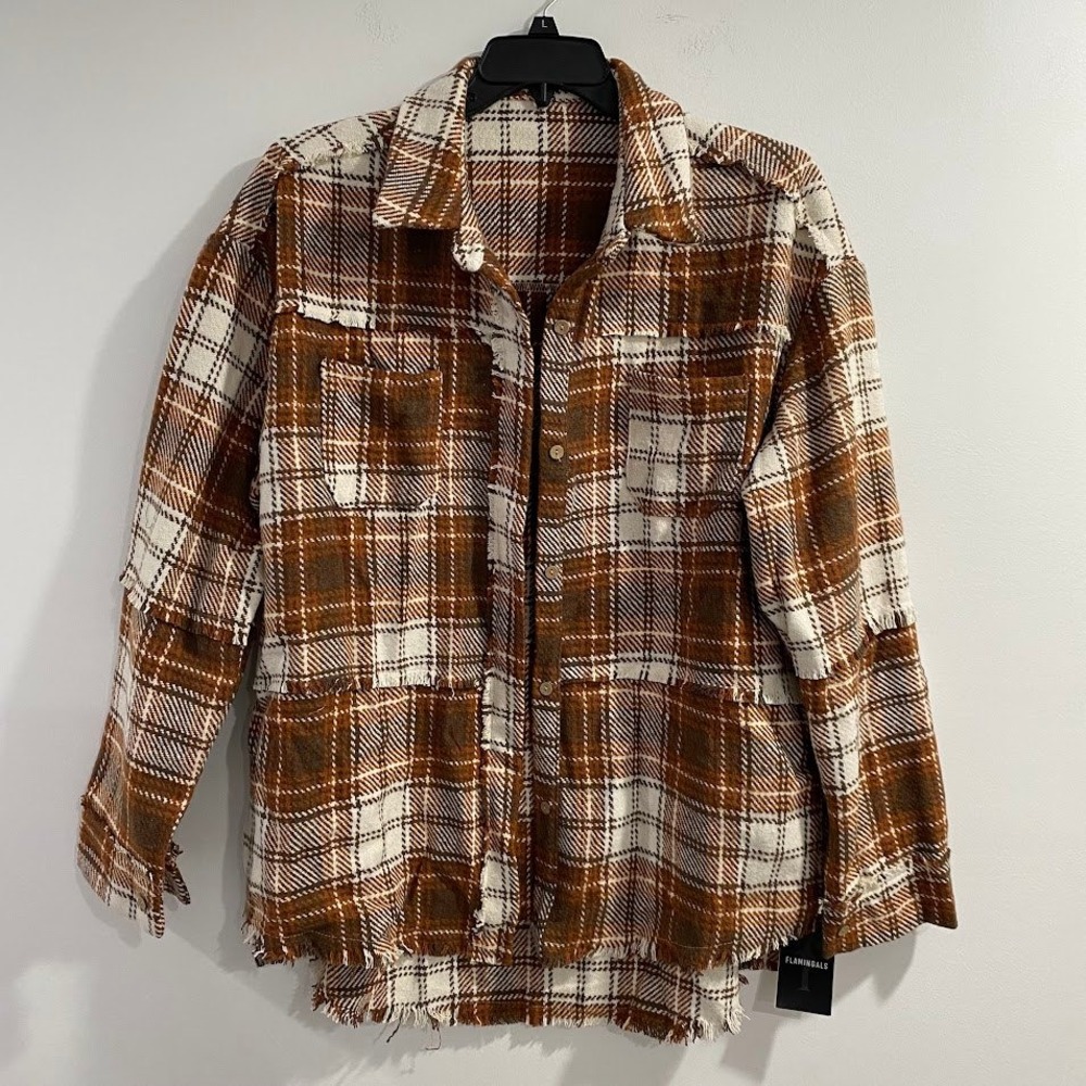 FLAMINGALS Womens Oversized Plaid Flannel Shirt Jacket Shacket Brown Cream XXL